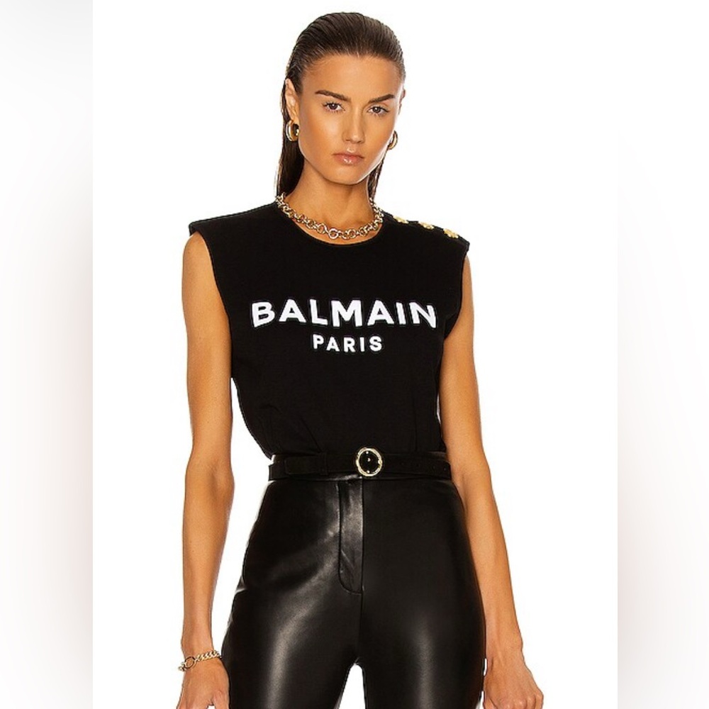 Balmain Black White Logo Shoulder-Gold Button Sleeveless Tank